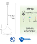 Dimensions and specifications of 13 Inch Modern Pendant Light With Clear Schoolhouse Glass Shade In Brushed Nickel Finish