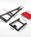 1 To 10 Scale RC Truck Tow Build Kit With Winch And Double Stent Rescue Set For SCX10 TRX4 Capra And LCG Chassis DIY Upgrade Aluminum Crane Tow Hook Durable Build showing black and red aluminum parts with dimensions