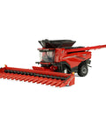 1/64 Scale Case IH Axial-Flow AF11 Combine with Draper Head and 16 Row Corn Head MacDon FD250, red diecast model front view