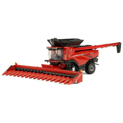 1/64 Scale Case IH Axial-Flow AF11 Combine with Draper Head and 16 Row Corn Head MacDon FD250, red diecast model front view