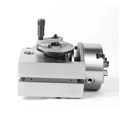 Built Tough 4 Inch Indexing Head For Milling Machines Delivers Dead On Dividing Control With Heavy Duty Tailstock And Pro Level 3 Jaw Chuck For Effortless Cnc Rotary Machining side view of indexing head with 3 jaw chuck and rotary plate.