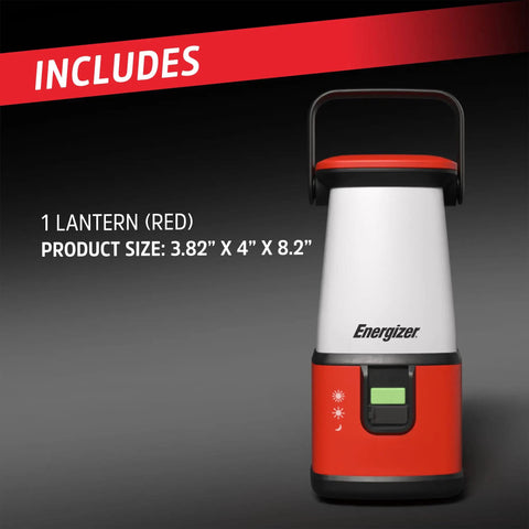 Must Have Ultra Bright LED Camping Lantern 360 Pro Battery Powered Tent Light IPX4 Water Resistant shown in red, size 3.82” X 4” X 8.2”