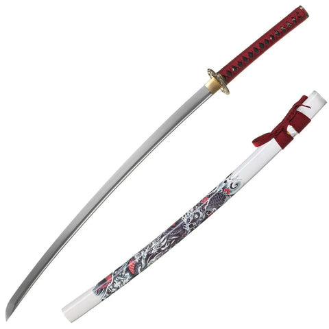 Hand Sharpened 1060 High Carbon Steel Samurai Sword Showpiece For Display And Iaido Practice with white saya, dark red ito sageo.