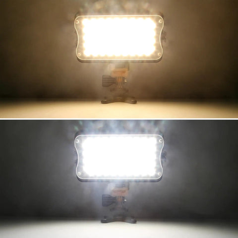 Bi-Color LED Video Light 3300K-5600K with dimmable brightness for DSLR and camcorder, showing warm and cool light settings.