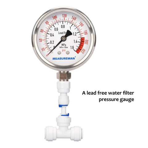 Measureman lead-free glycerin-filled RO water pressure gauge with 2-1/2" dial and lower-mount PU tube connection