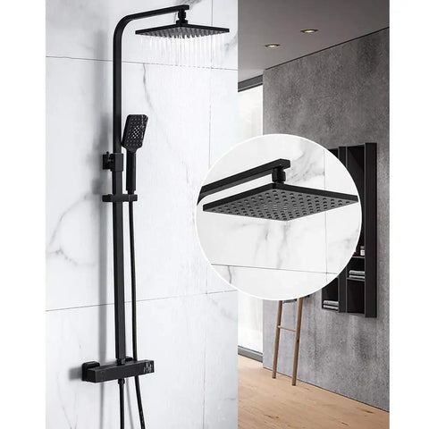 UMJIGF Black Thermostatic Shower System with Cold and Hot Water Shower Combo Set with handheld and overhead shower heads.