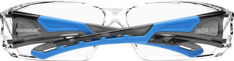 Top Tier Anti Fog Safety Glasses With Blue Bifocal Readers And Plus Point Five Magnification heavy duty wrap around frame from the front.