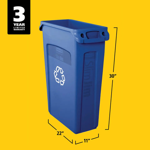 Slim Jim Plastic Rectangular Recycling Bin And Trash Can With Venting Channels 23 Gallon Blue shown from front angle