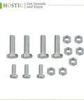 Set of silver hex bolts and nuts on white background