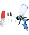 Pro Grade Hvlp Gravity Feed Paint Sprayer with Slick Adjustable Controls Rock Solid Aluminum Alloy Frame showing sprayer gun, 600ml cup, and accessories.