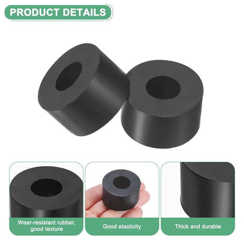 8 Pack Rubber Isolation Washers 1.4 Inch Outer Diameter 0.8 Inch Inner Diameter 0.6 Inch Thick Anti Vibration Pads For Home Auto And Equipment Black Heavy Duty Performance shown with close-up details in hand and side views
