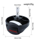 Front view of Roomba directional wheel assembly for 500–900 series and Omni; metal axle, white wheel