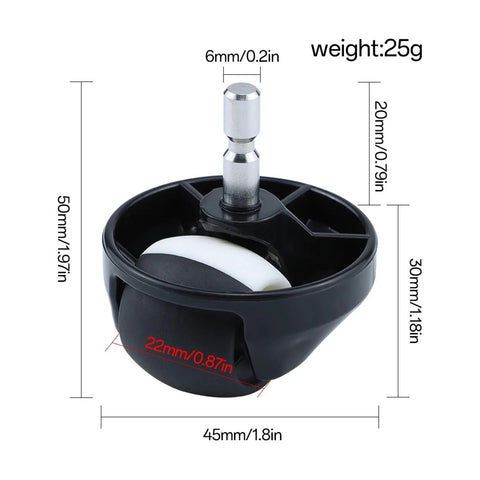 Roomba front wheel caster assembly, black housing with white wheel and metal stem; pair (2pcs)