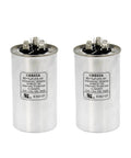 Two Beefy 45 Slash 5 Microfarad Start Capacitors, CBB65, metal round for condenser, air conditioner, heat pump in a two-pack.