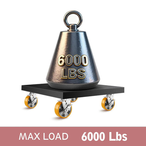 Built Tough Six Inch Heavy Duty Caster Wheels Set Of Four With Secure Lock Plates Rock Solid Six Thousand Pound Lift Capacity For Shop Carts Workbenches And Utility Dollies In Bright Orange Finish displaying a 6000 lbs weight on a platform.