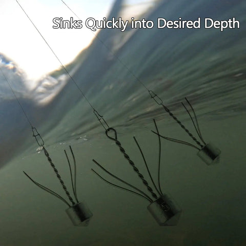 Underwater view of Five Pack Spider Sinkers For Surf Fishing Heavy Duty Lead Weights 1 To 8 Ounces with stainless steel wires