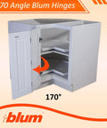 No Stress Setup Full Overlay Cabinet Hinges Bundle With Rock Solid Self Closing Mechanism Premium Nickel Finish Added Rubber Bumpers And Mounting Hardware Face Frame Ready, showcasing 170 degree Blum hinges in a white cabinet.
