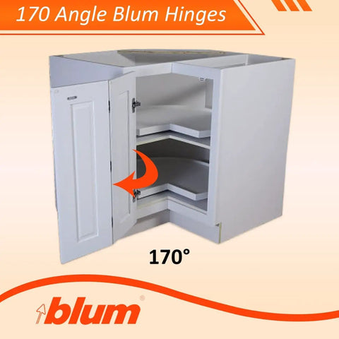 No Stress Setup Full Overlay Cabinet Hinges Bundle With Rock Solid Self Closing Mechanism Premium Nickel Finish Added Rubber Bumpers And Mounting Hardware Face Frame Ready, showcasing 170 degree Blum hinges in a white cabinet.