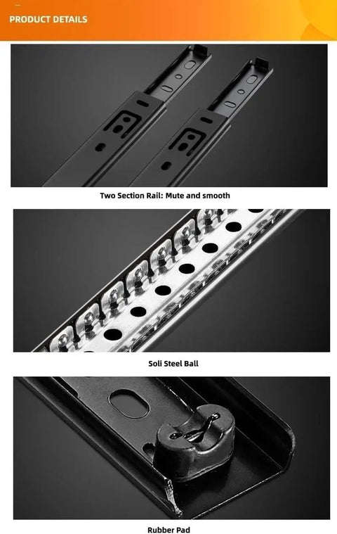 Full Extension Drawer Slides 12 Inch With Side Mounted Rails featuring sections of steel balls and rubber pad details