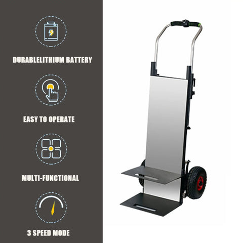 Heavy Duty Electric Stair Climbing Hand Truck With Powerful 30Ah Battery And Semi Precision Bearings For Rough Jobs, showcasing its durable lithium battery and easy operation.