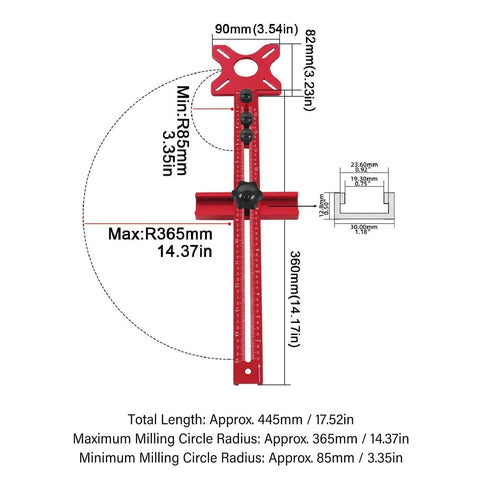 Diagram showing dimensions of the 4 In 1 Router Jig With Adjustable Milling Groove Bracket For Woodworking with modular base.
