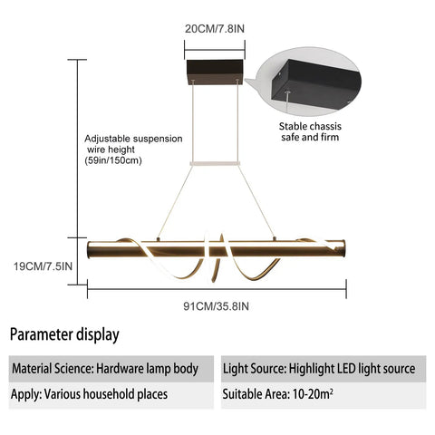 Dimensions and details of Modern Black Wave Linear Pendant Light With Remote Dimmable 55W LED Chandelier, focus on structure and size.