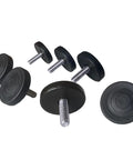 Premium Heavy Duty Furniture Levelers Crafted From Solid 304 Stainless Steel Featuring Low Profile One Point Five Inch Base Height And Smooth Adjusting Feet For Tackling Wobbly Tables And Cabinets Quick Easy Home Fixups Pack Of Four Units, set of black replacement feet with threaded stems.