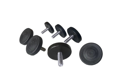 Premium Heavy Duty Furniture Levelers Crafted From Solid 304 Stainless Steel Featuring Low Profile One Point Five Inch Base Height And Smooth Adjusting Feet For Tackling Wobbly Tables And Cabinets Quick Easy Home Fixups Pack Of Four Units, set of black replacement feet with threaded stems.