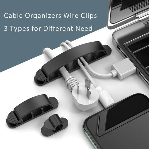 34 Piece Cord Management Organizer Kit with reusable cable ties and self-adhesive clips in use on desk with laptop and phone