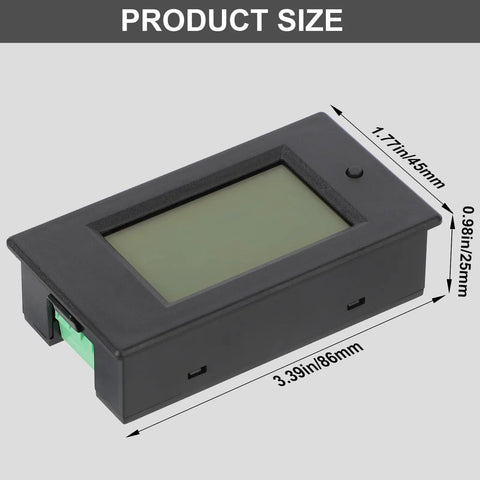 Portable Digital Multimeter For DC 8 To 100V And 20A Power And Energy Meter with LCD Display, showing product size dimensions