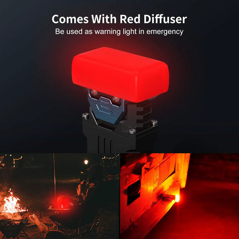 X2 Rechargeable EDC Flashlight 2500 Lumen with red diffuser for emergency warning, shown near campsite and wall