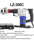 Heavy Duty 2200W Electric Hydraulic Crimper Boasting Automatic Cable Terminal Crimping Muscle with case and specifications displayed.