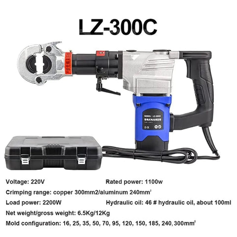 Heavy Duty 2200W Electric Hydraulic Crimper Boasting Automatic Cable Terminal Crimping Muscle with case and specifications displayed.