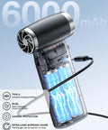 Cordless Air Duster With 60 MPH Wind Power Portable Mini Blower charging via Type-C port, 6000mAh battery visible.