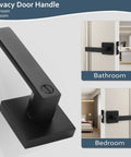 6 Pack Heavy Duty Privacy Door Lever Lock Sets Matte Black Keyless Door Knobs for Interior Doors, shown on bedroom and bathroom doors.