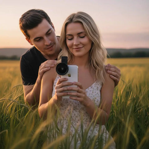 Couple using Universal Smartphone Lens Kit With Wide Angle And Fifteen Times Macro Lenses LED Light Clip And Travel Case For iPhone Android And More Dope Pro Quality Photos On The Go in a field at sunset
