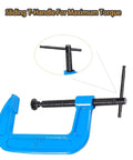 Beefy 4 Inch C Clamps Set, Malleable Iron G Clamps For Woodworking And Metalworking, sliding T-handle detail, blue finish.