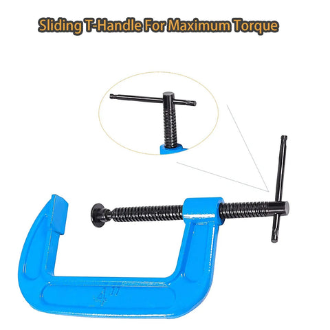 Beefy 4 Inch C Clamps Set, Malleable Iron G Clamps For Woodworking And Metalworking, sliding T-handle detail, blue finish.