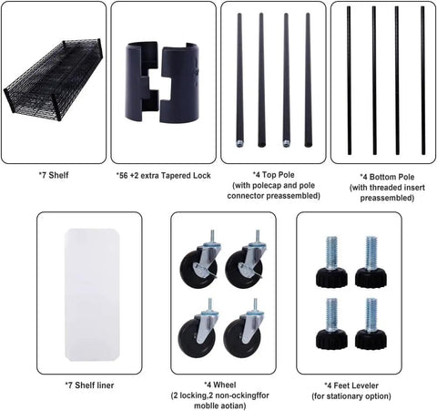 Heavy Duty Seven Tier Wire Shelving Rack components including shelves, poles, wheels, and locks for garage storage setup.