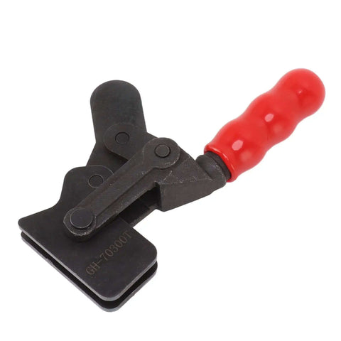 Tough As Nails Heavy Duty Toggle Clamp With High Carbon Steel Build 300kg Capacity, red handle, angled view.