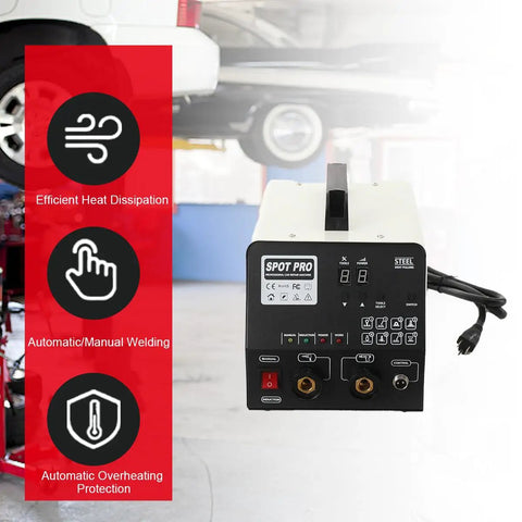 Spot Welder Dent Repair Kit For Auto Body 110V 3800A High Power Weld Tool on a workbench with feature icons