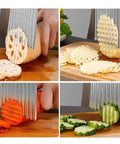 Stainless steel crinkle cutter with multiple blades slicing potatoes into crinkle fries; also for carrots and cucumbers.