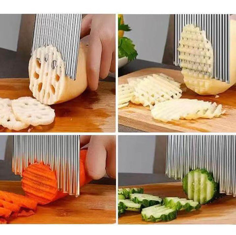 Stainless steel crinkle cutter with multiple blades slicing potatoes into crinkle fries; also for carrots and cucumbers.