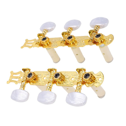 Classical Guitar Tuning Pegs Set With 1:15 Gear Ratio White Button Machine Heads For Acoustic Guitars, Heavy Duty Metal Tuning Keys, Left And Right Replacement Parts, Smooth, Durable Tuning You Can Trust. white-button 3-on-a-side gold metal guitar tuners