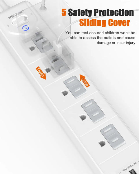 2 Prong To 3 Prong Outlet Adapter Power Strip With 5 Outlets And 3 USB Ports, 5ft Cord, wall-mountable with safety cover
