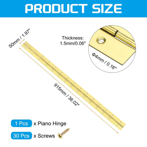 Heavy Duty Piano Hinge 36 Inch Long 2 Inch Wide Stainless Steel Continuous Door Hardware With Screws Gold Tone Finish dimensions and details.