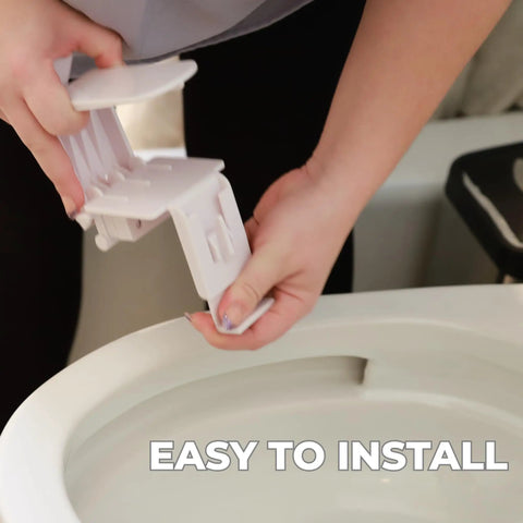 Hands installing Lid Lok Toilet Seat Safety Latch For Easy One Hand Lock White 1 Pack Tool Free Install on toilet.