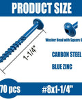 Exterior Pocket Hole Screws 1-1/4 Inch, 70 Pc Size 8 Coarse Thread, shown with washer head and blue zinc coating