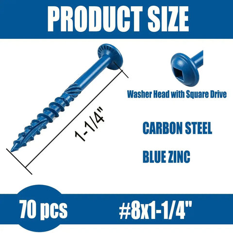 Exterior Pocket Hole Screws 1-1/4 Inch, 70 Pc Size 8 Coarse Thread, shown with washer head and blue zinc coating