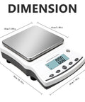 Top Notch 5000G Lab Scale With 0.01G Readability And Calibration Weights, showing dimensions in centimeters and inches
